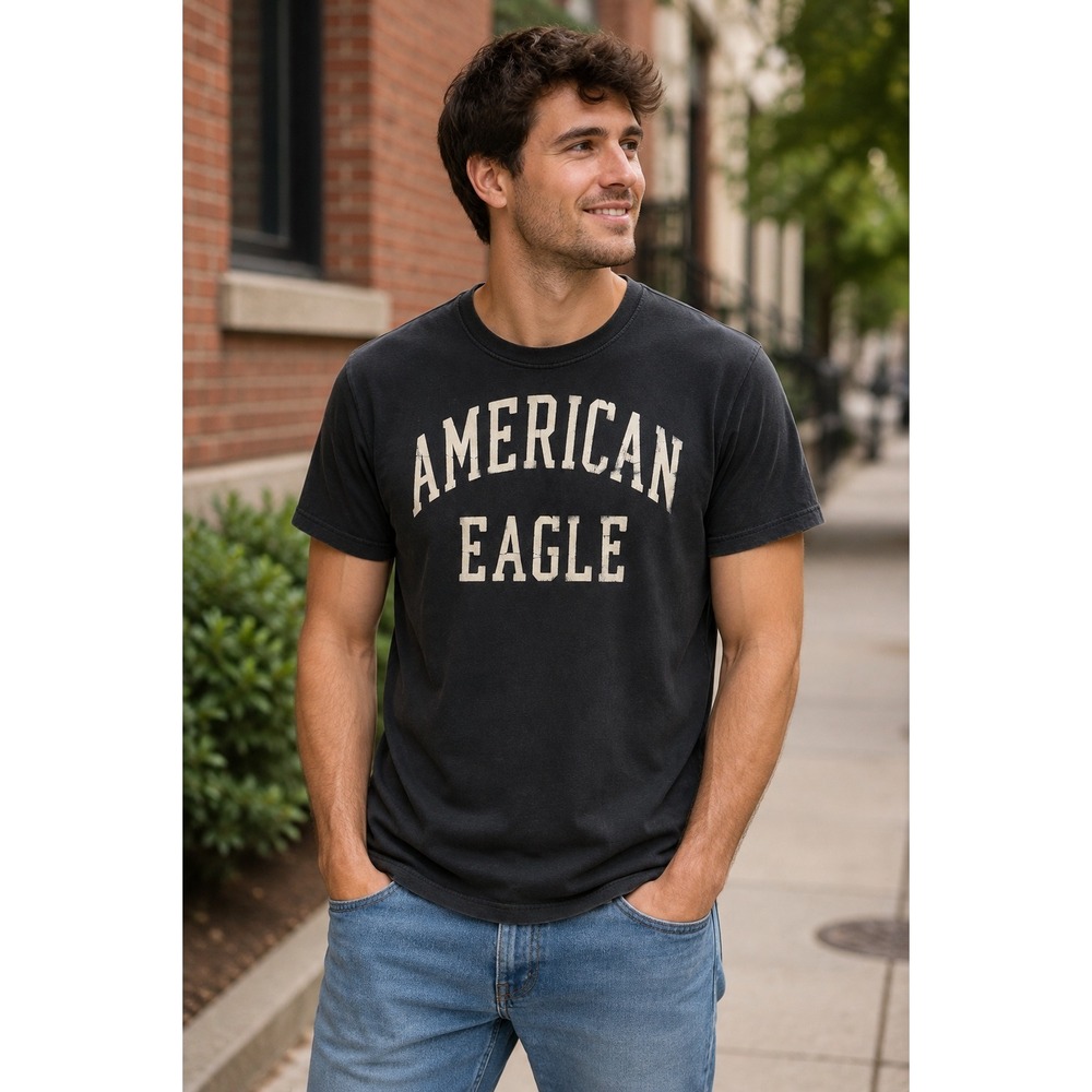 American Eagle Mens Athletic Fit Graphic T-Shirt Black Cotton Logo Tee Size M